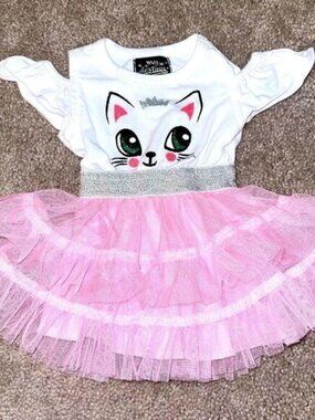 Pink tutu bottom dress with white top w cat NWOT